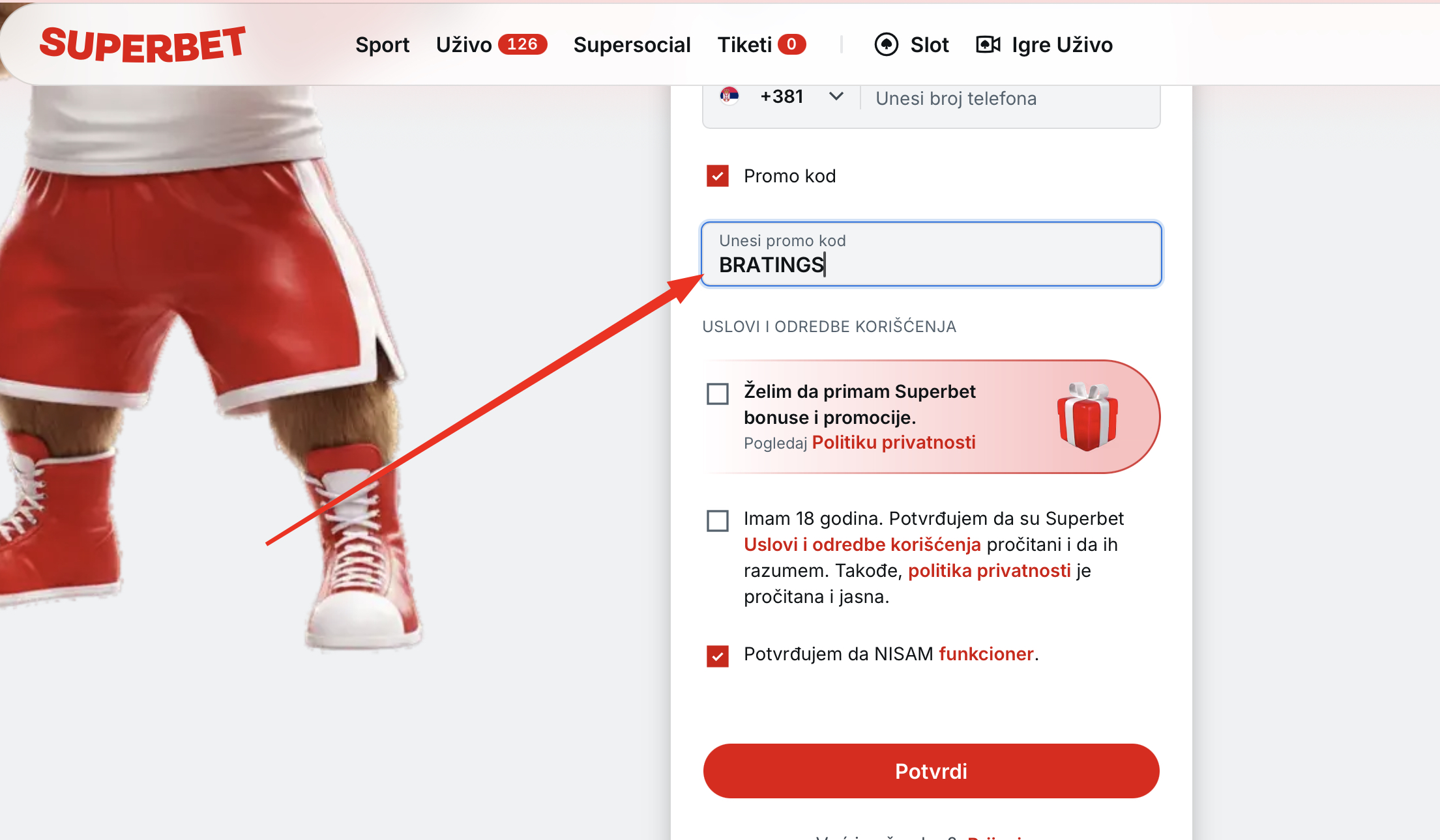 Promo Kod BRATINGS za kladionicu SUPERBET. Freebet u iznosu od 500 RSD